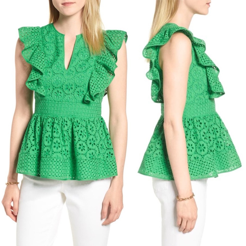 1901 Vibrant Eyelet Feminine Green Ruffles Blouse Size 10